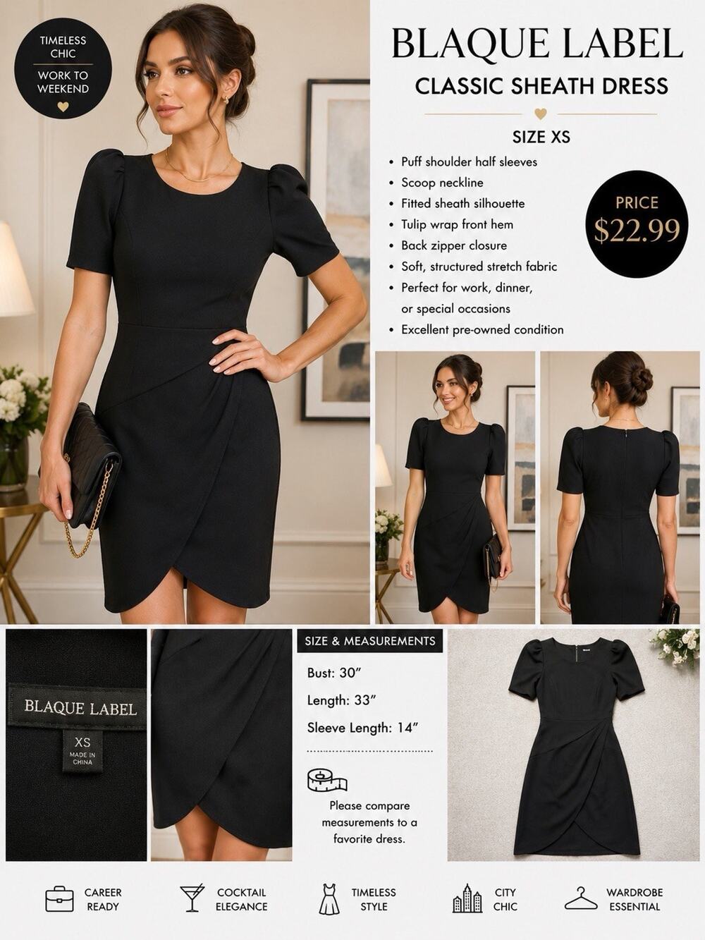 Blaque Label XS Black Sheath Dress Puff Short Sleeve Tulip Hem Career Cocktail - Picture 1 of 6